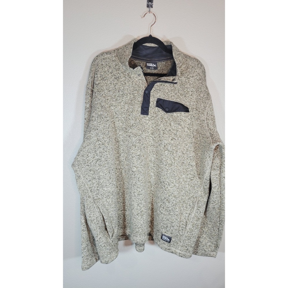 Eddie Bauer Men's Pullover Fleece Sweater 2XLT Heather Tan Snap Mock Neck